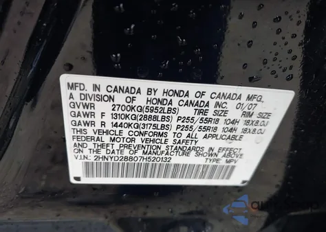 2007 Acura Mdx Sport Package z USA, uszkodzony, nr VIN 2HNYD28807H520132